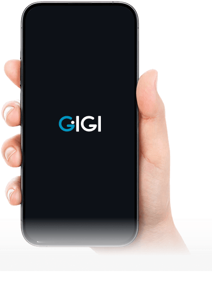 A hand holding a phone showing the GIGI Squad splash screen